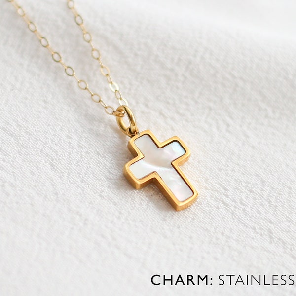 Perlmutt Gold Kreuz Halskette, 14K Gold Filled, Layering Halskette, christliche Halskette, Kreuz Halskette, personalisiertes Geschenk für sie