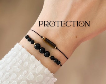 Juego de pulseras de protección, turmalina negra, ónix negro, pulsera de seda delicada hecha a mano con ojo de tigre para ella