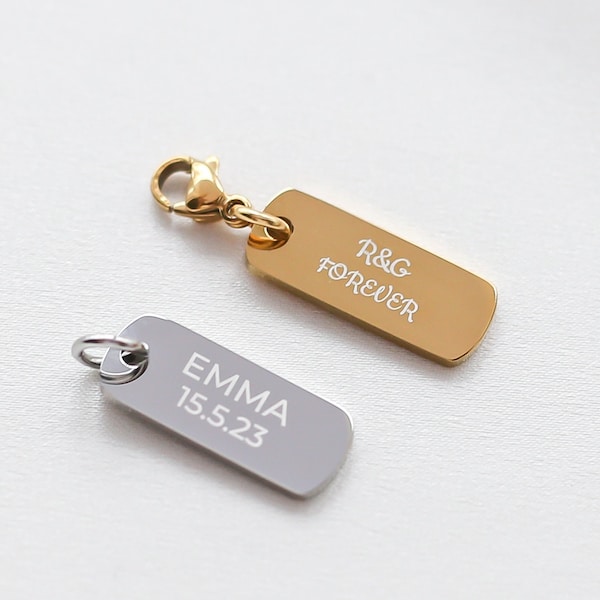 Tag Bar Charm, Personalized Add-On Disc Charm, Custom Engraved Rectangle Tag Charm, Name Charm, Initial Charm, Clip On Lobster Claw,Slide On