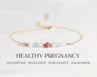 Gesunde Schwangerschaft Kristall Armband | Schwangerschaft Unterstützung, Fruchtbarkeit, Mom To Be Geschenk, Rosenquarz, Aquamarin, Mondstein, Rhodonit