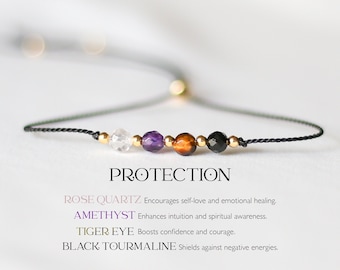 Bracelet en cristal de protection | Protection empathique, quartz rose, améthyste, tourmaline noire, bracelet de guérison à cordon réglable