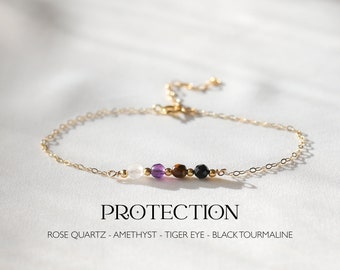 Protection Crystal Bracelet, 14K Gold Filled, Sterling Silver, Empath Protection | Rose Quartz, Amethyst, Black Tourmaline, Healing Bracelet