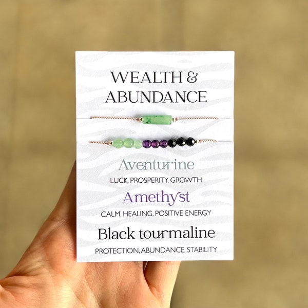 Abundance Gemstone Bracelet, Attract Prosperity, Wealth, Money, Aventurine, Amethyst, Black Tourmaline Handmade Silk Bracelet For Her