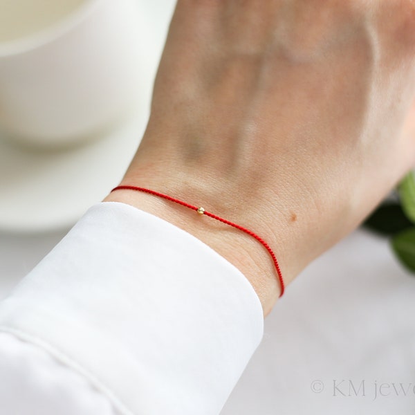 Red String Protection Bracelet, 2mm Bead, 14k Solid Gold, 14k Gold Filled, 925 Sterling Silver, Luxury Silk Good Luck Bracelet