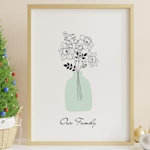 Personalized birth flower bouquet print in minimalist style with a soft green vase, custom Mother’s Day gift for mom
Custom family birth flower bouquet wall art with birth month flowers arranged in a delicate floral composition