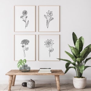 Custom Birth Flower Print Set, Botanical Line Art Print, Minimalist Floral Wall Art, Wildflower Print Set, Gallery Wall Art, Outline Draw