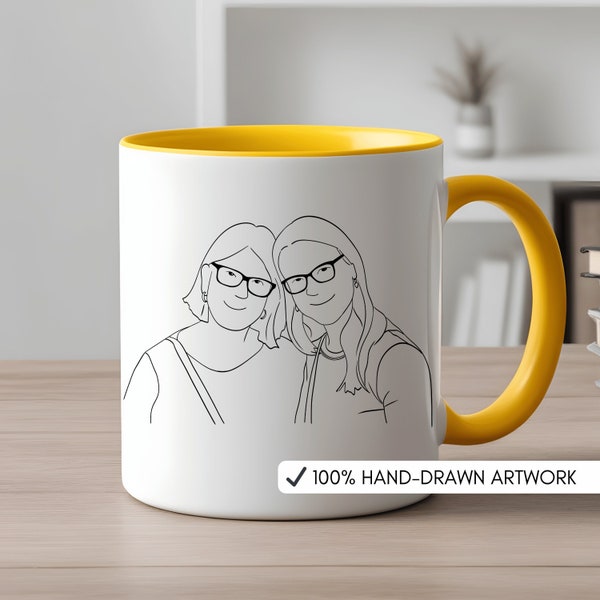 Mug portrait de famille personnalisé, cadeau unique pour maman, portrait personnalisé, mug dessin au trait à partir d'une photo, mug couple personnalisé, mug dessin au trait