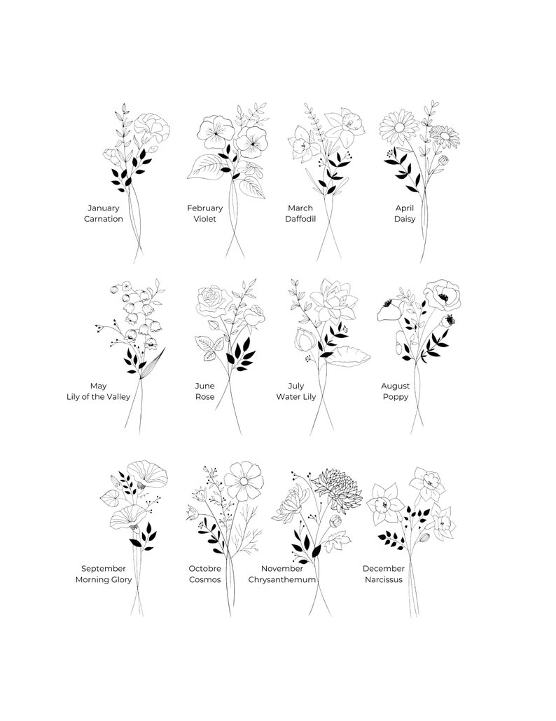 K&ouml;nnte beinhalten: Eine Schwarzwei&szlig;-Zeichnung mit 12 verschiedenen Blumenstr&auml;u&szlig;en, die jeweils einen Monat des Jahres repr&auml;sentieren. Die Str&auml;u&szlig;e sind mit dem Monat und dem Namen der Blume beschriftet. Januar: Nelke, Februar: Veilchen, M&auml;rz: Narzisse, April: G&auml;nsebl&uuml;mchen, Mai: Maigl&ouml;ckchen, Juni: Rose, Juli: Seerose, August: Mohn, September: Winde, Oktober: Kosmos, November: Chrysantheme, Dezember: Narzisse.