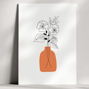 Custom birth flower bouquet digital artwork in 8x10 inch JPG format, minimalist botanical line art with standard color palette, personalized with birth flower, vase, and color options, perfect as a Christmas gift or elegant wall art for home decor.