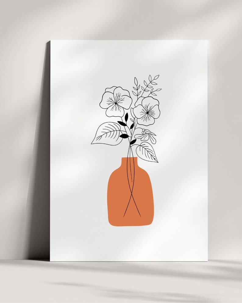 Custom birth flower bouquet digital artwork in 8x10 inch JPG format, minimalist botanical line art with standard color palette, personalized with birth flower, vase, and color options, perfect as a Christmas gift or elegant wall art for home decor.