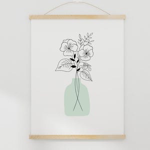 Custom birth flower bouquet digital artwork in 8x10 inch JPG format, minimalist botanical line art with standard color palette, personalized with birth flower, vase, and color options, perfect as a Christmas gift or elegant wall art for home decor.