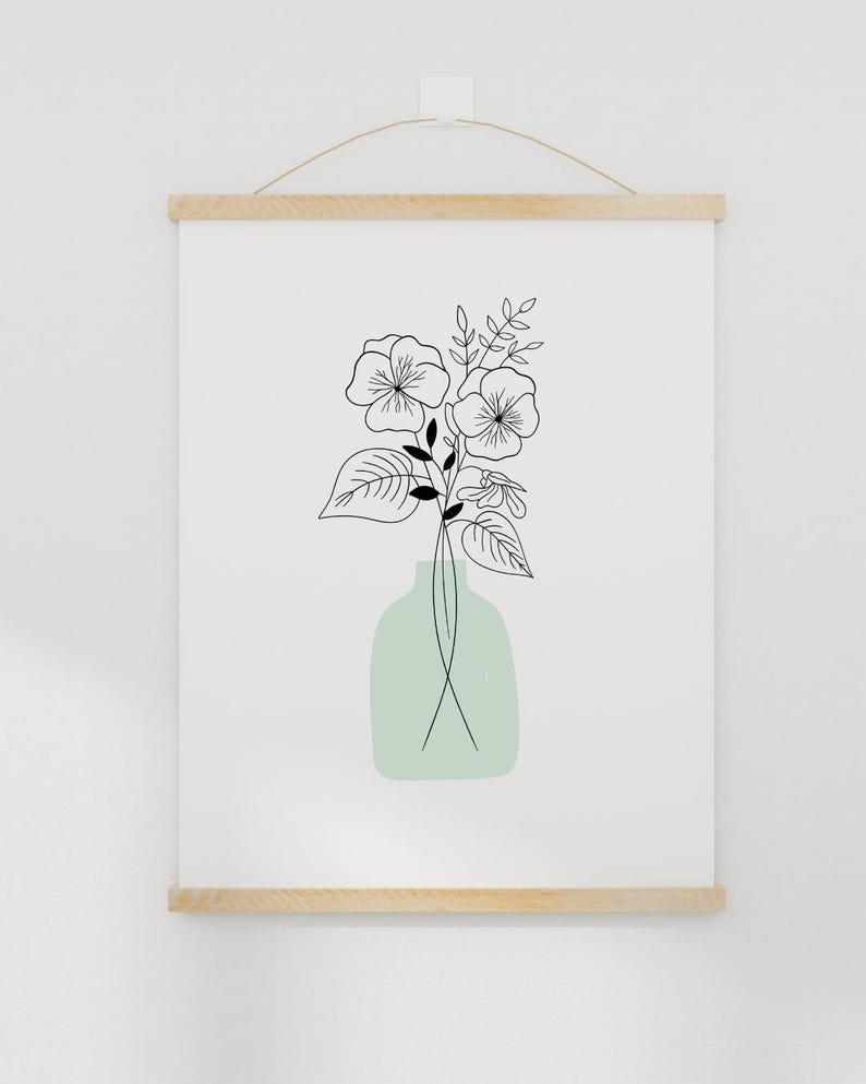 Custom birth flower bouquet digital artwork in 8x10 inch JPG format, minimalist botanical line art with standard color palette, personalized with birth flower, vase, and color options, perfect as a Christmas gift or elegant wall art for home decor.