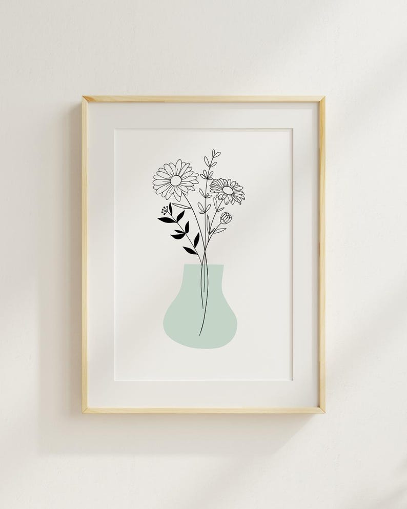 Custom birth flower bouquet digital artwork in 8x10 inch JPG format, minimalist botanical line art with standard color palette, personalized with birth flower, vase, and color options, perfect as a Christmas gift or elegant wall art for home decor.