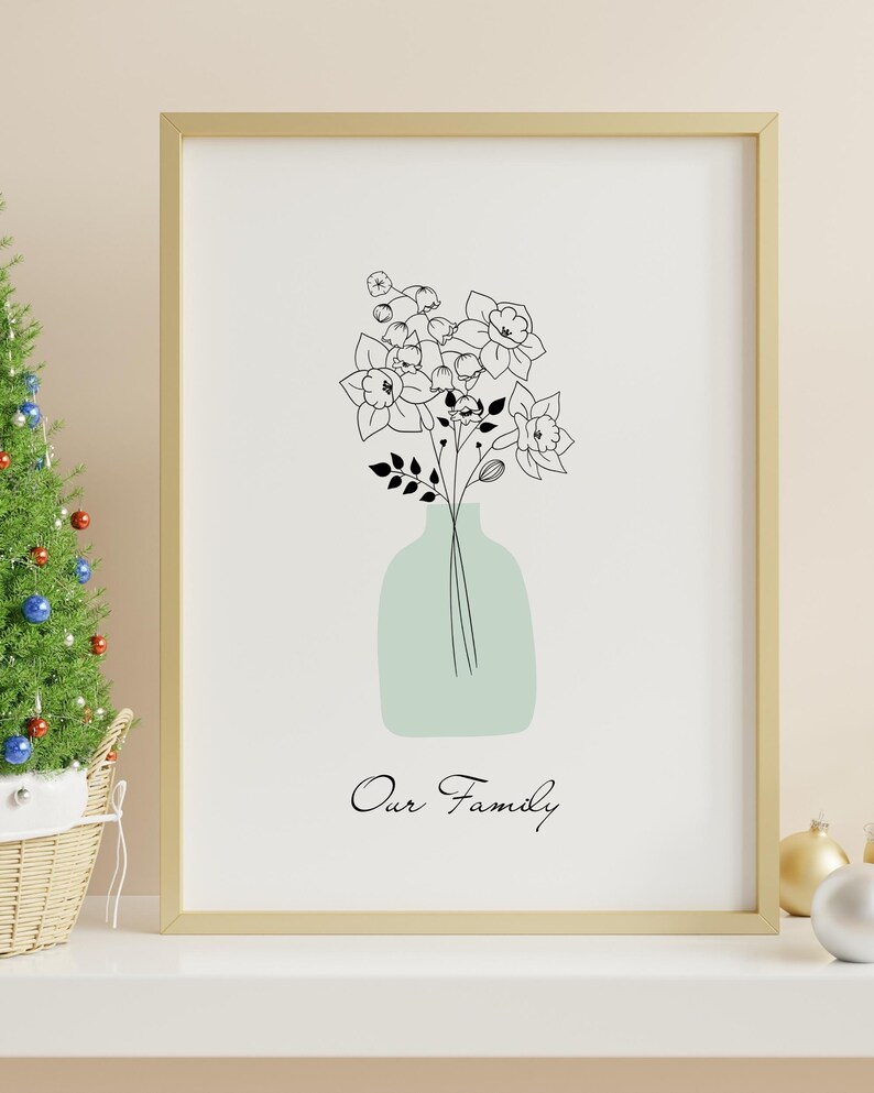Personalized birth flower bouquet print in minimalist style with a soft green vase, custom Mother’s Day gift for mom
Custom family birth flower bouquet wall art with birth month flowers arranged in a delicate floral composition