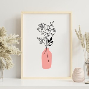 Custom birth flower bouquet digital artwork in 8x10 inch JPG format, minimalist botanical line art with standard color palette, personalized with birth flower, vase, and color options, perfect as a Christmas gift or elegant wall art for home decor.