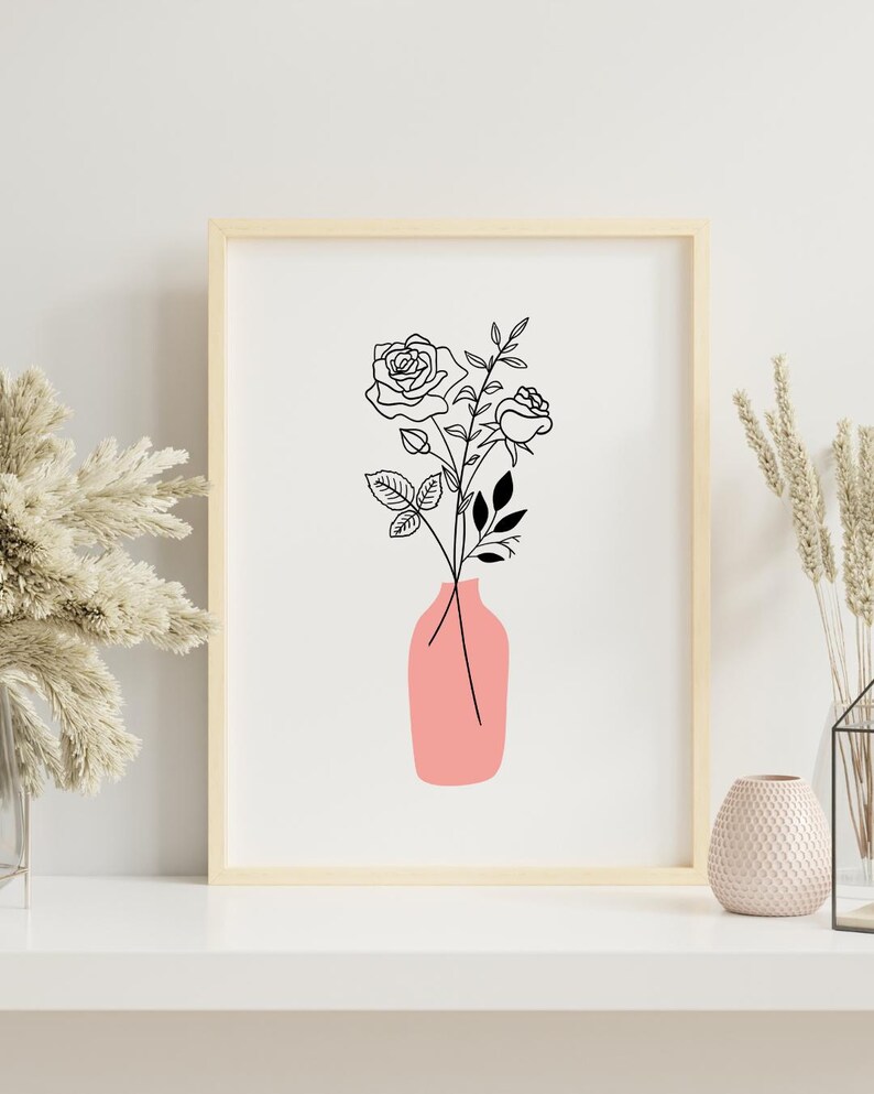 Custom birth flower bouquet digital artwork in 8x10 inch JPG format, minimalist botanical line art with standard color palette, personalized with birth flower, vase, and color options, perfect as a Christmas gift or elegant wall art for home decor.