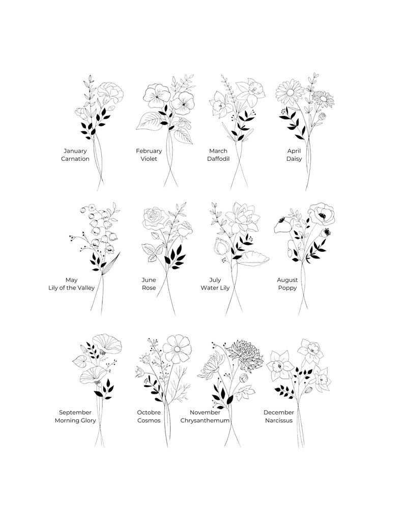 Custom Birth Flower Bouquet, Christmas Gift for Mom, Personalized Bouquet, Custom Family Bouquet, Floral Line Art, Custom Family Gift