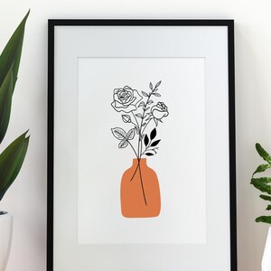 Custom birth flower bouquet digital artwork in 8x10 inch JPG format, minimalist botanical line art with standard color palette, personalized with birth flower, vase, and color options, perfect as a Christmas gift or elegant wall art for home decor.