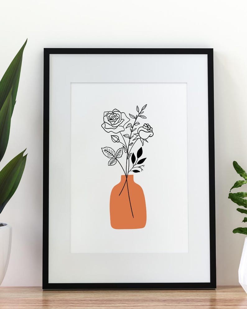 Custom birth flower bouquet digital artwork in 8x10 inch JPG format, minimalist botanical line art with standard color palette, personalized with birth flower, vase, and color options, perfect as a Christmas gift or elegant wall art for home decor.