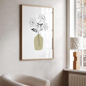 Custom birth flower bouquet digital artwork in 8x10 inch JPG format, minimalist botanical line art with standard color palette, personalized with birth flower, vase, and color options, perfect as a Christmas gift or elegant wall art for home decor.