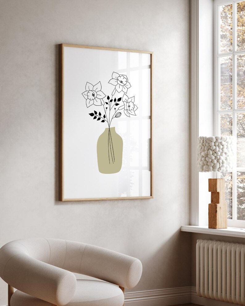 Custom birth flower bouquet digital artwork in 8x10 inch JPG format, minimalist botanical line art with standard color palette, personalized with birth flower, vase, and color options, perfect as a Christmas gift or elegant wall art for home decor.