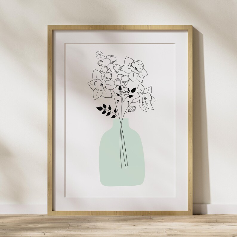 Personalized birth flower bouquet print in minimalist style with a soft green vase, custom Mother’s Day gift for mom
Custom family birth flower bouquet wall art with birth month flowers arranged in a delicate floral composition