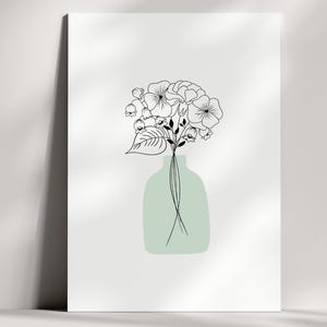 Personalized birth flower bouquet print in minimalist style with a soft green vase, custom Mother’s Day gift for momCustom family birth flower bouquet wall art with birth month flowers arranged in a delicate floral composition
