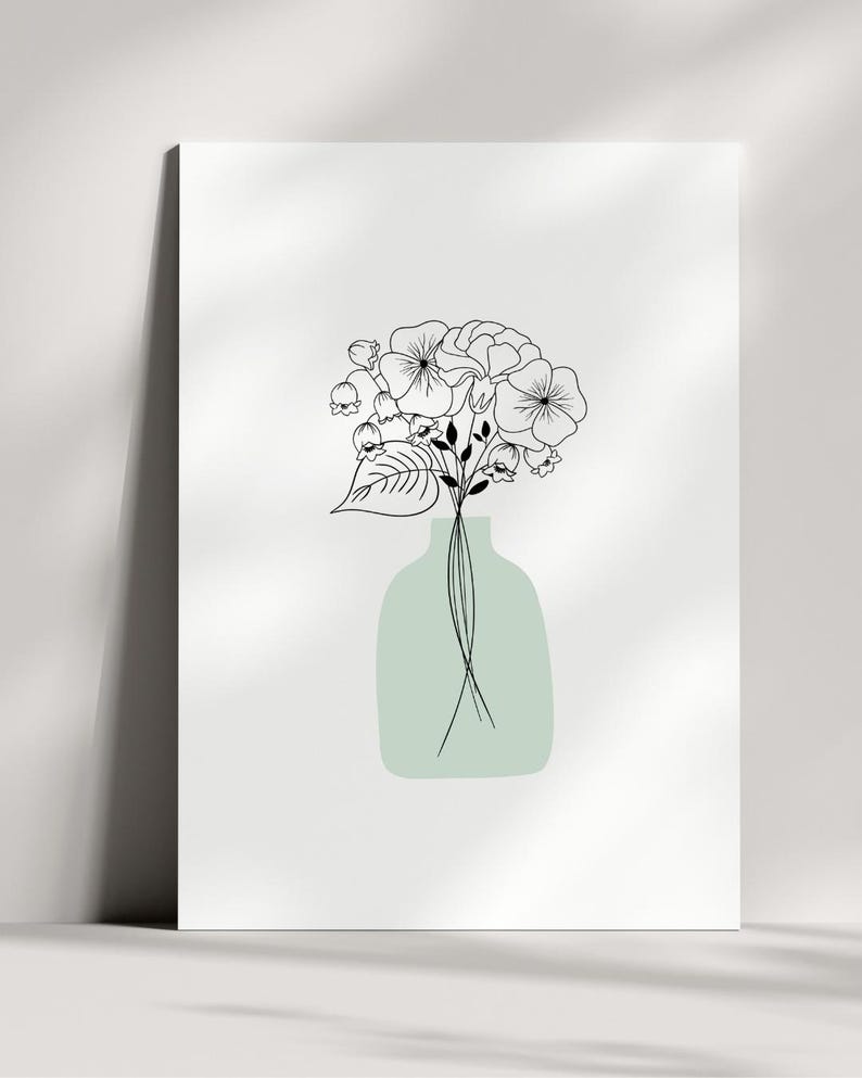 Personalized birth flower bouquet print in minimalist style with a soft green vase, custom Mother’s Day gift for momCustom family birth flower bouquet wall art with birth month flowers arranged in a delicate floral composition