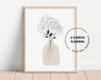 Aangepaste familieboeket, gepersonaliseerd cadeau voor mama, minimalistische muurkunst, geboortemaandbloem, lijnkunstbloem, cusomboeket, familiecadeau