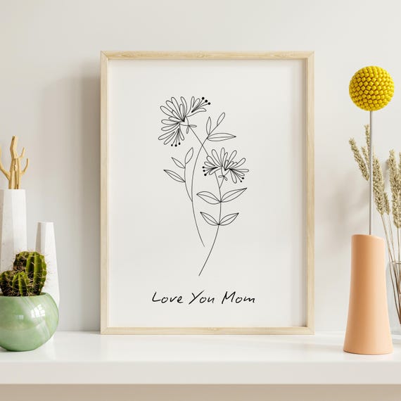 Custom Birth Flower Print, Mother Day Gift For Mom, Minimalist Floral Line Art, Personalized Wildflower Wall Art From Month