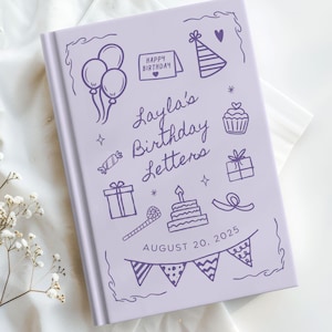 Personalized birthday journal with custom child name and birthday on cover, featuring playful birthday doodles including balloons, cake, and gifts. Hardcover keepsake memory book for writing letters each year. Available in pink, blue, yellow, purple, green, and linen style. Ideal for first birthday, baby shower gift, or kids memory book. Optional spine and back personalization upgrade. Thoughtful gift for new moms, toddlers, and growing children.
