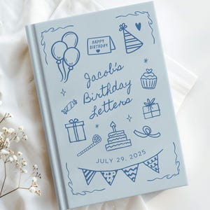 Personalized birthday journal with custom child name and birthday on cover, featuring playful birthday doodles including balloons, cake, and gifts. Hardcover keepsake memory book for writing letters each year. Available in pink, blue, yellow, purple, green, and linen style. Ideal for first birthday, baby shower gift, or kids memory book. Optional spine and back personalization upgrade. Thoughtful gift for new moms, toddlers, and growing children.