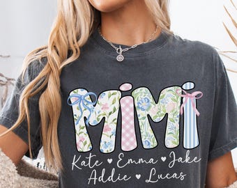 Personalized Mimi Shirt with Grandkid Name Comfort Colors Mimi Tshirt Coquette Bow T Shirt Mothers Day Gift for Mimi Gift for Grandma Custom