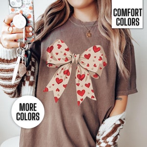 Valentines Bow Shirt Comfort Colors Valentine&#39;s Day Coquette Bow Tshirt Heart Bow T Shirt Retro Valentine Tee Cute Valentine Gift for Woman