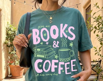 Books and Coffee Shirt, Book Lover Tee, Reading Graphic Shirt, Coffee Lover Gift, Cute Bookish Shirt, Reader Gift Comfort Colors Library Tee