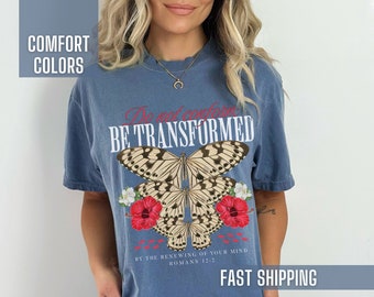 Butterfly Christian T Shirt for Women Transformed Bible Verse Tshirt Jesus Aesthetic Clothes Comfort Colors Faith Tee Religious Apparel Cool