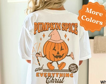 Pumpkin Spice Christian Tshirt Vintage Fall Jesus T-shirt Back Print Comfort Color Religious Halloween T Shirt Women Retro Graphic Tee Faith