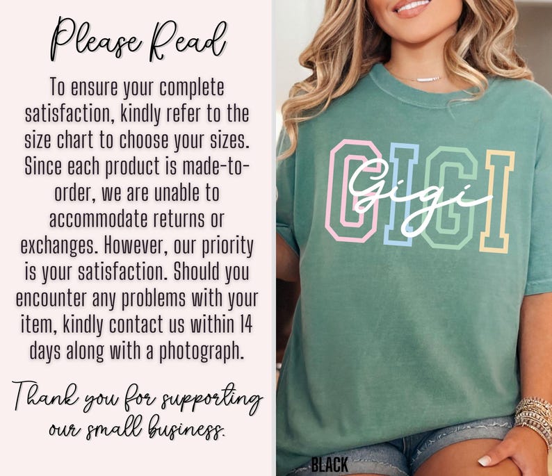 May include: A teal green t-shirt with the word "Gigi" written in rainbow colors. The text is in a bold, blocky font with a handwritten script style. The text is centered on the shirt.