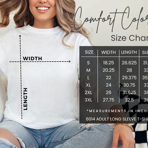 May include: Size chart for a long-sleeve t-shirt with measurements in inches. The chart shows the width, length, and sleeve length for sizes S, M, L, XL, 2XL, and 3XL.