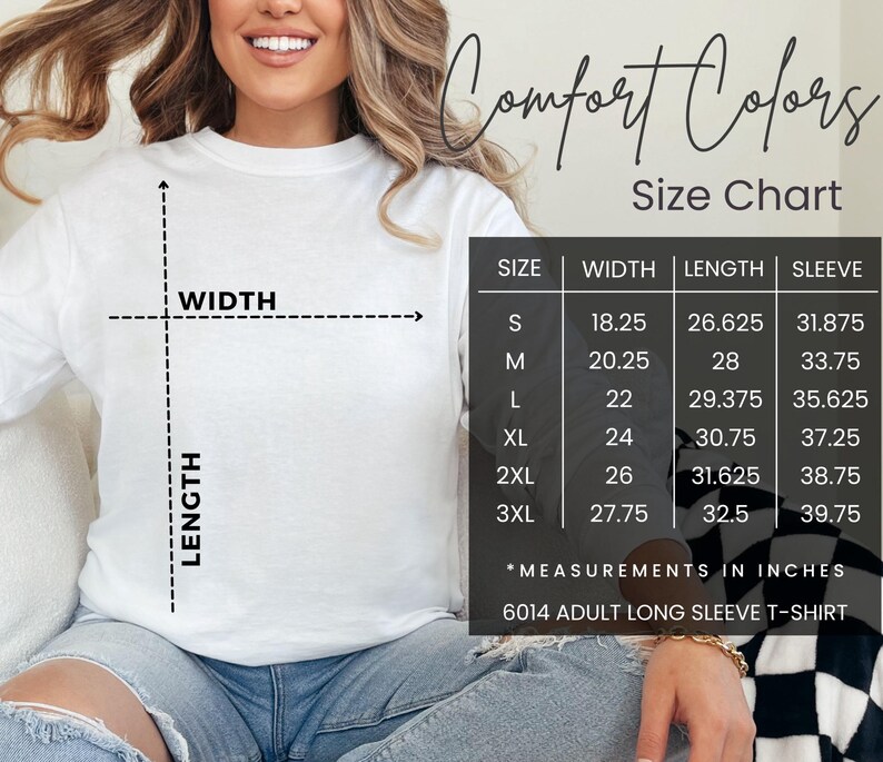 May include: Size chart for a long-sleeve t-shirt with measurements in inches. The chart shows the width, length, and sleeve length for sizes S, M, L, XL, 2XL, and 3XL.
