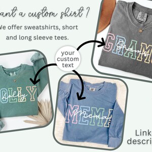 May include: Three custom shirts with different text. The shirts are in different colors: green, gray, and blue. The text on the shirts is "LOLLY", "GRAMS", and "MEMA".