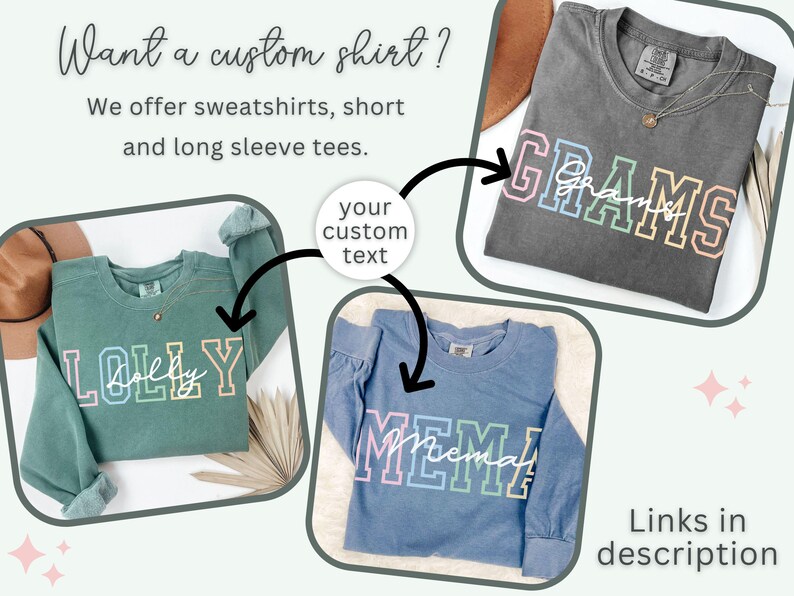 May include: Three custom shirts with different text. The shirts are in different colors: green, gray, and blue. The text on the shirts is "LOLLY", "GRAMS", and "MEMA".