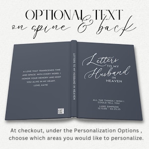 May include: A dark blue hardcover journal with the text "Letters to my Husband in Heaven" on the spine and "Letters to my Husband in Heaven" on the front cover. The back cover has the text "All the things I wish I could tell you Luke Simpson 12.13.85 - 02.25.25".