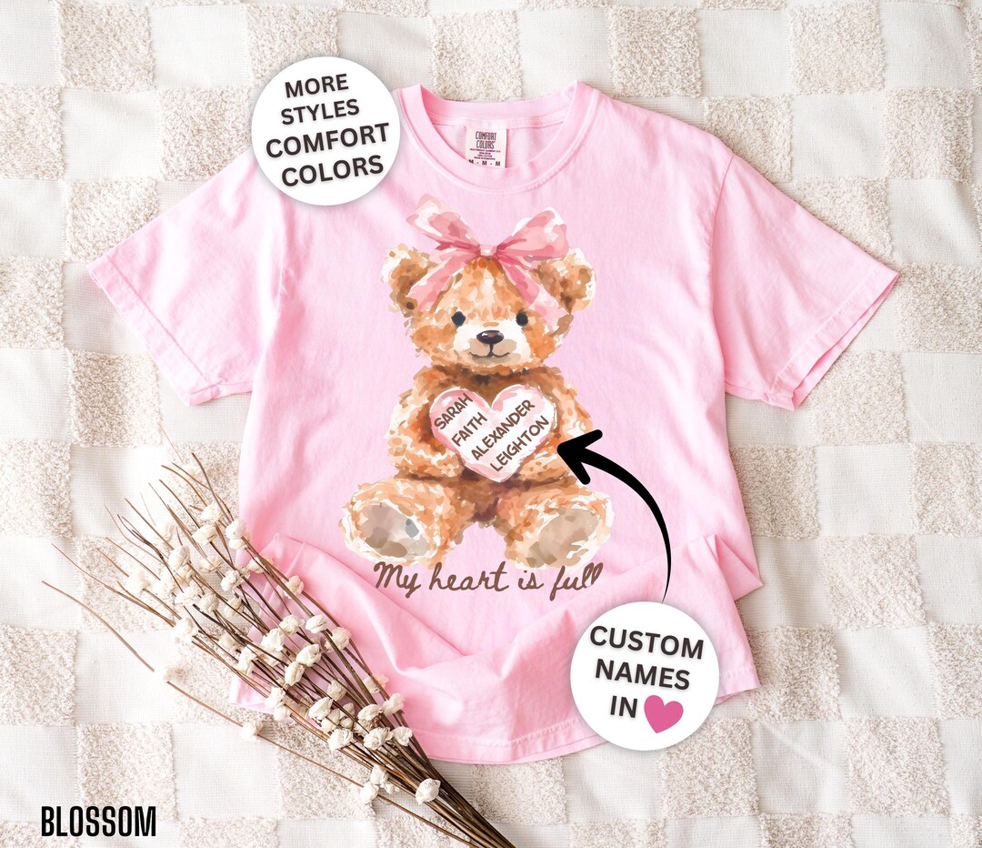 Valentine Teddy Bear Mom Shirt, Personalized Kids Names Shirt, Custom ...