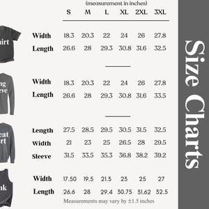 May include: Size chart for Comfort Colors unisex adult apparel, including t-shirts, long sleeve shirts, sweatshirts, and tank tops. Measurements are in inches, with sizes ranging from S to 3XL. The chart includes width, length, and sleeve measurements.
