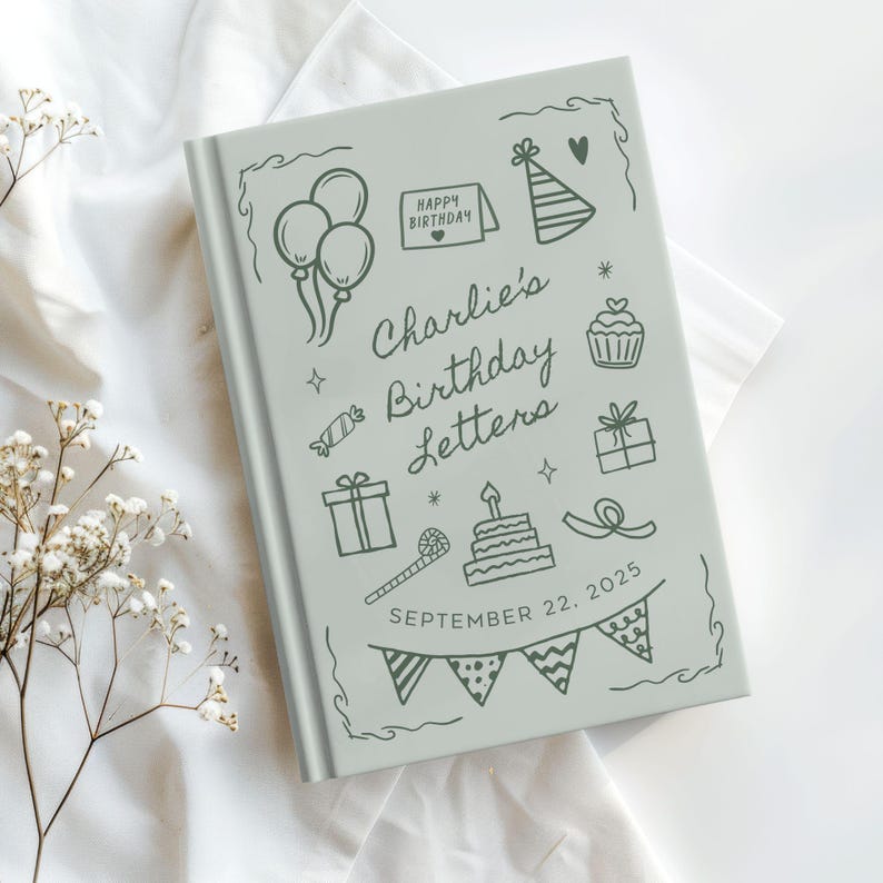 Personalized birthday journal with custom child name and birthday on cover, featuring playful birthday doodles including balloons, cake, and gifts. Hardcover keepsake memory book for writing letters each year. Available in pink, blue, yellow, purple, green, and linen style. Ideal for first birthday, baby shower gift, or kids memory book. Optional spine and back personalization upgrade. Thoughtful gift for new moms, toddlers, and growing children.