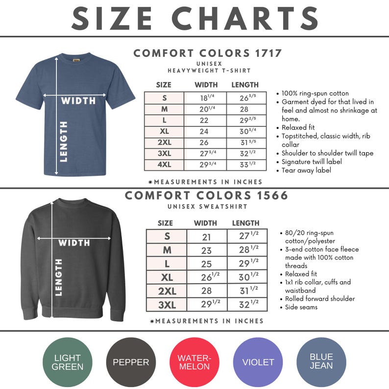 May include: Size chart for unisex t-shirts and sweatshirts. The chart shows the width and length measurements in inches for sizes S through 4XL. The chart also includes details about the fabric and construction of the garments.