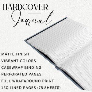 May include: A blue hardcover journal with the text "HARDCOVER Journal" on the front cover. The journal has 150 lined pages (75 sheets) and features a matte finish, vibrant colours, casewrap binding, and perforated pages.