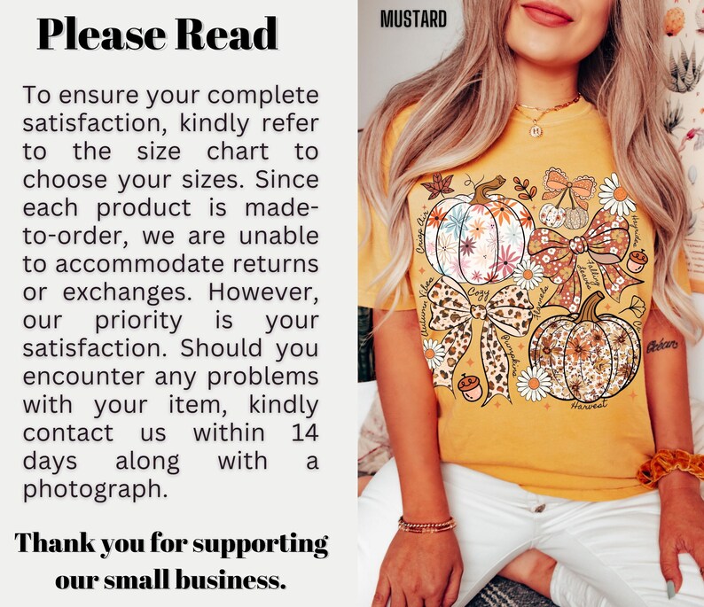 Puede incluir: Camiseta de color mostaza con un gr&aacute;fico de tem&aacute;tica oto&ntilde;al con calabazas, lazos y detalles florales. La camiseta incluye el texto "Please Read" y "Thank you for supporting our small business."