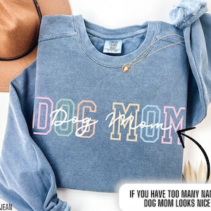 May include: A blue jean sweatshirt with the text "DOG MOM" in rainbow colors. The text "IF YOU HAVE TOO MANY NAMES, DOG MOM LOOKS NICE" is printed below the main text.